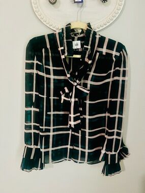 Green & White Plaid Tie-Neck Blouse